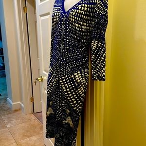 Roberto Cavalli dress, blue. Size 40. Long sleeve, V neck. Sheath ,Length 41”